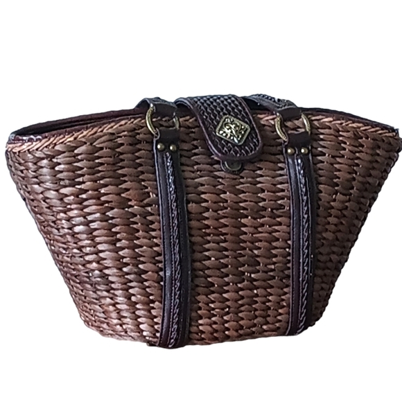 Coldwater Creek Woven Straw Brown Rustic Faux Leather Shoulder Bag Picnic Tote. - Picture 2 of 16